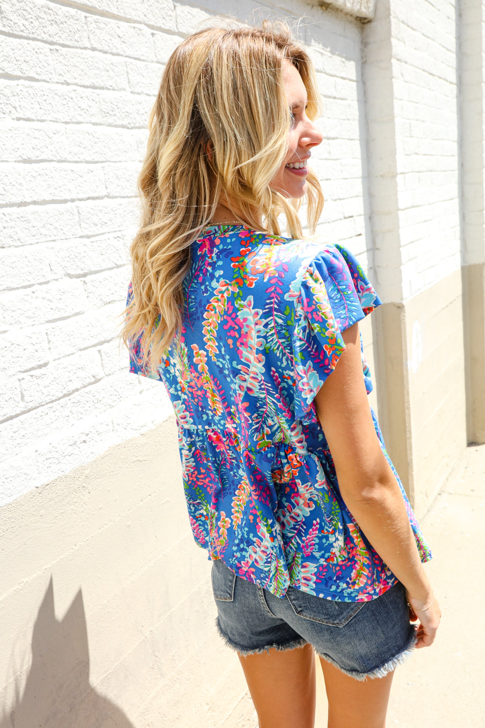 Perfect Find Blue Floral Leaf Print Short Sleeve Babydoll Top